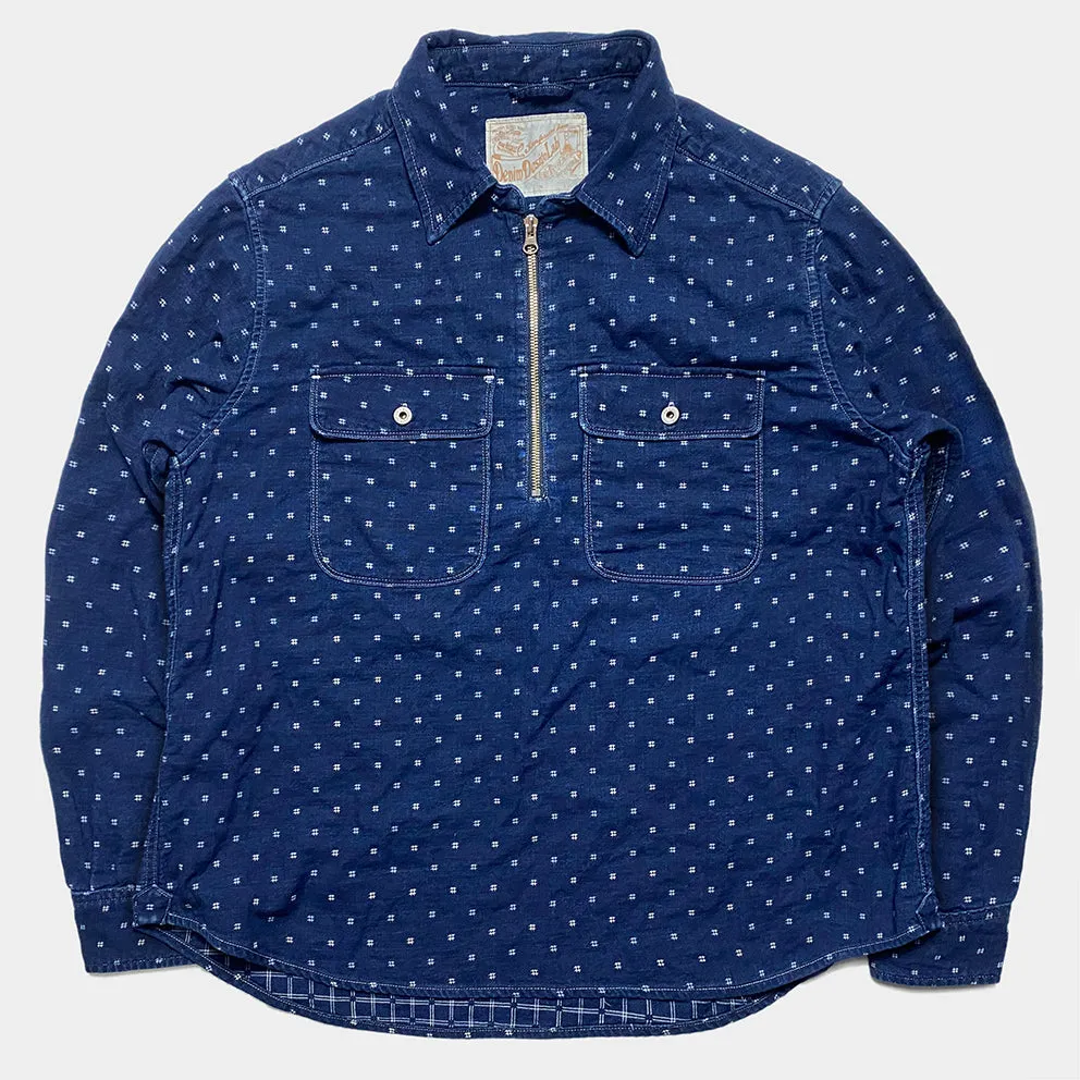 DDL 329 HUNTER-SPEC REGULAR FIT 2 POCKET 1/2 ZIPPER FRONT INDIGO SPECKS DENIM SHIRT-8OZ-E3 INDIGO