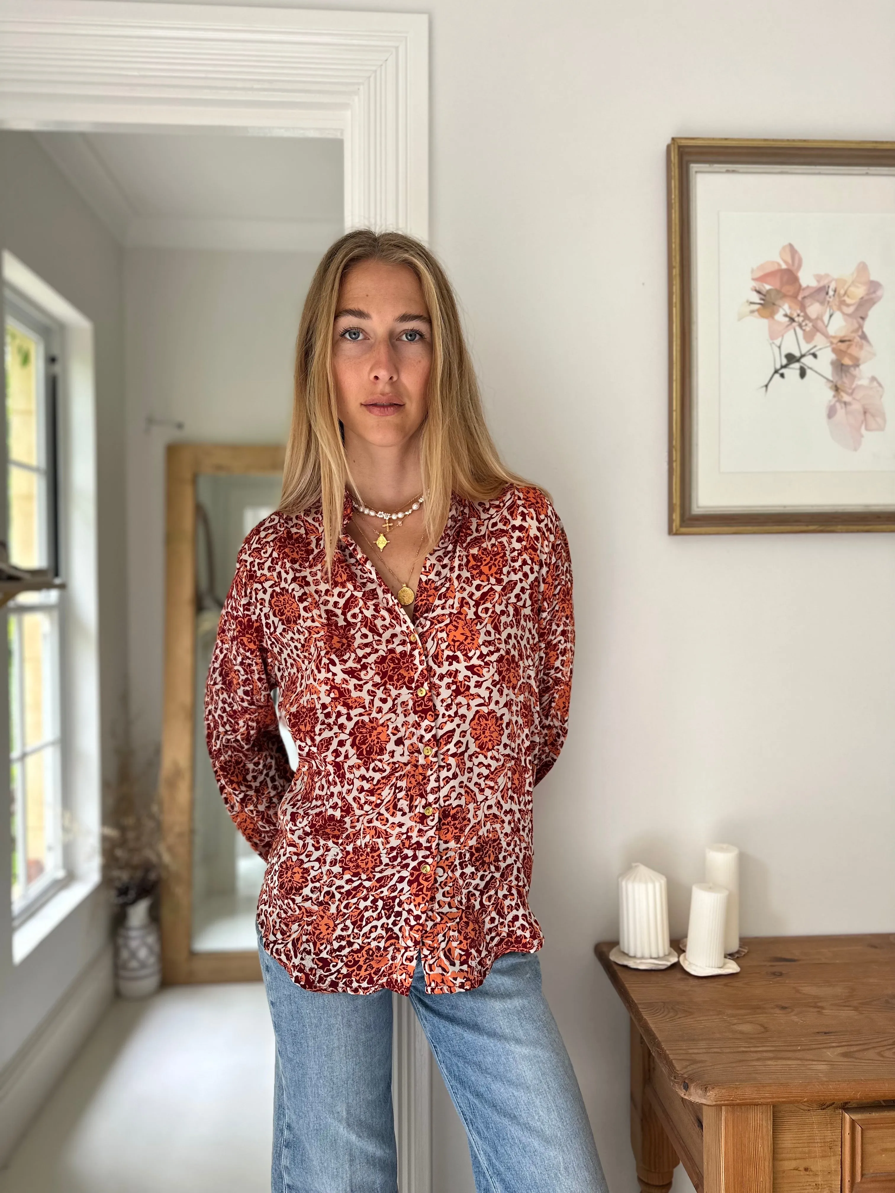 Fleurs Silk Blouse in Rust Camilia