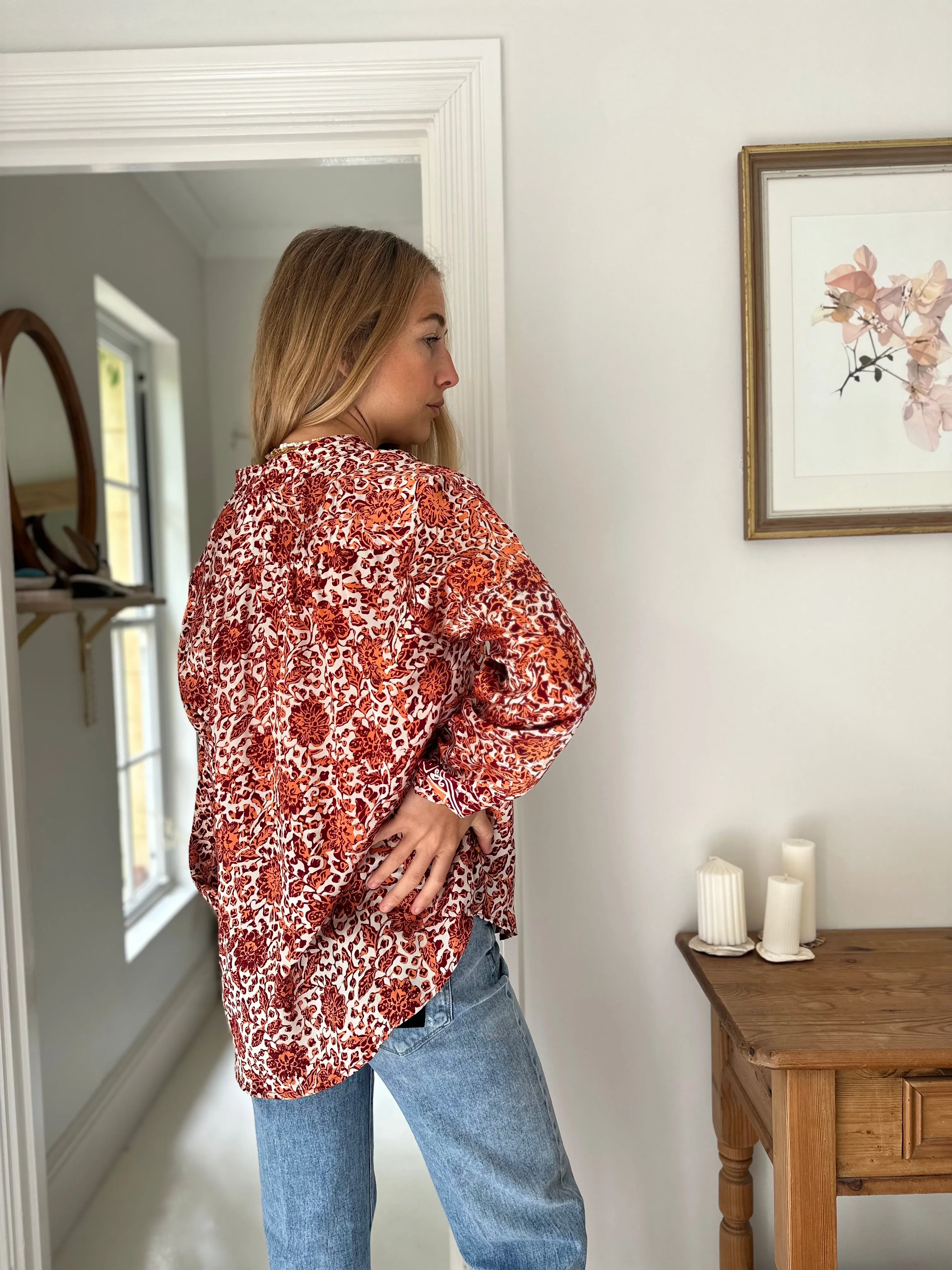 Fleurs Silk Blouse in Rust Camilia
