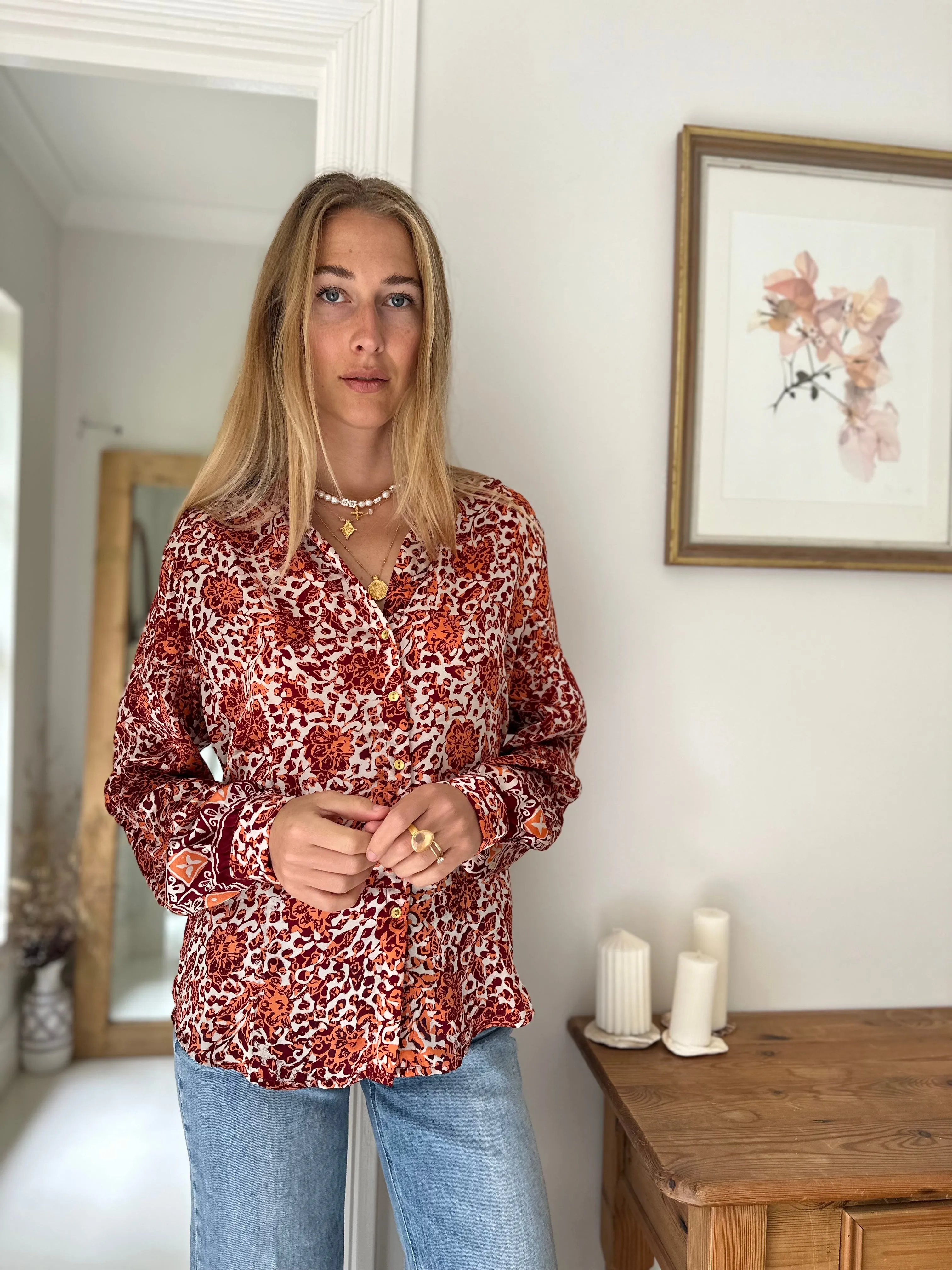 Fleurs Silk Blouse in Rust Camilia
