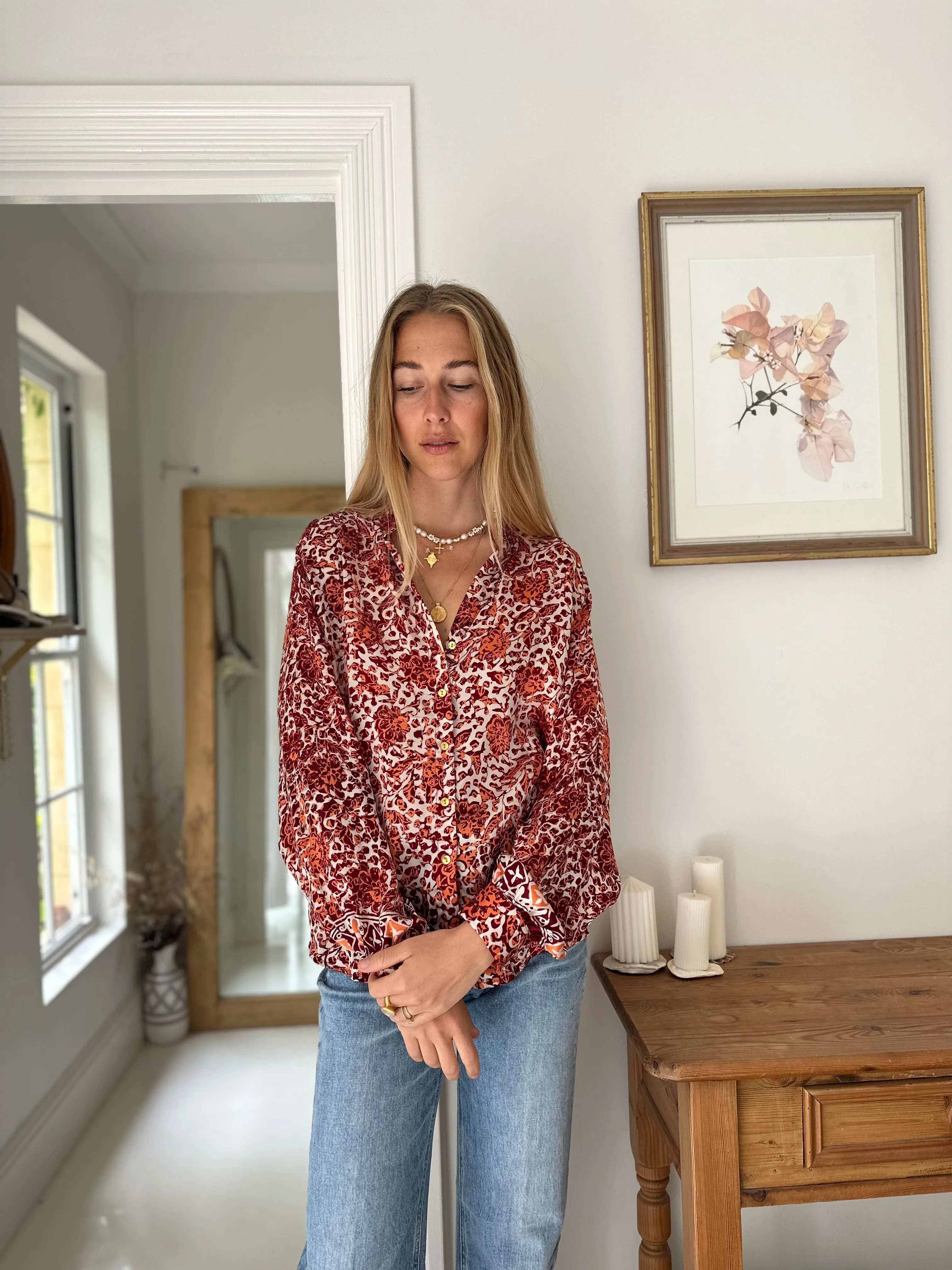 Fleurs Silk Blouse in Rust Camilia