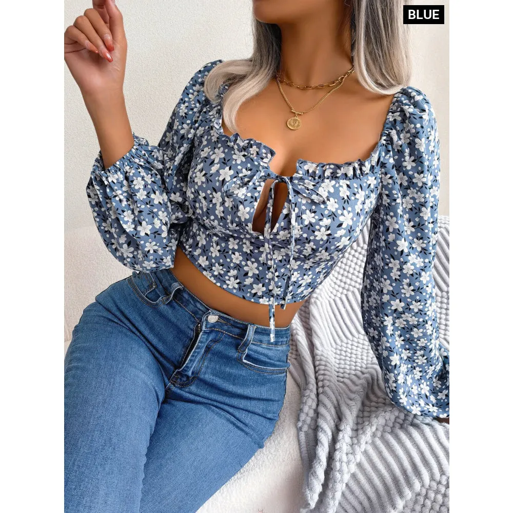 Floral Print Lace Up Crop Top for Women