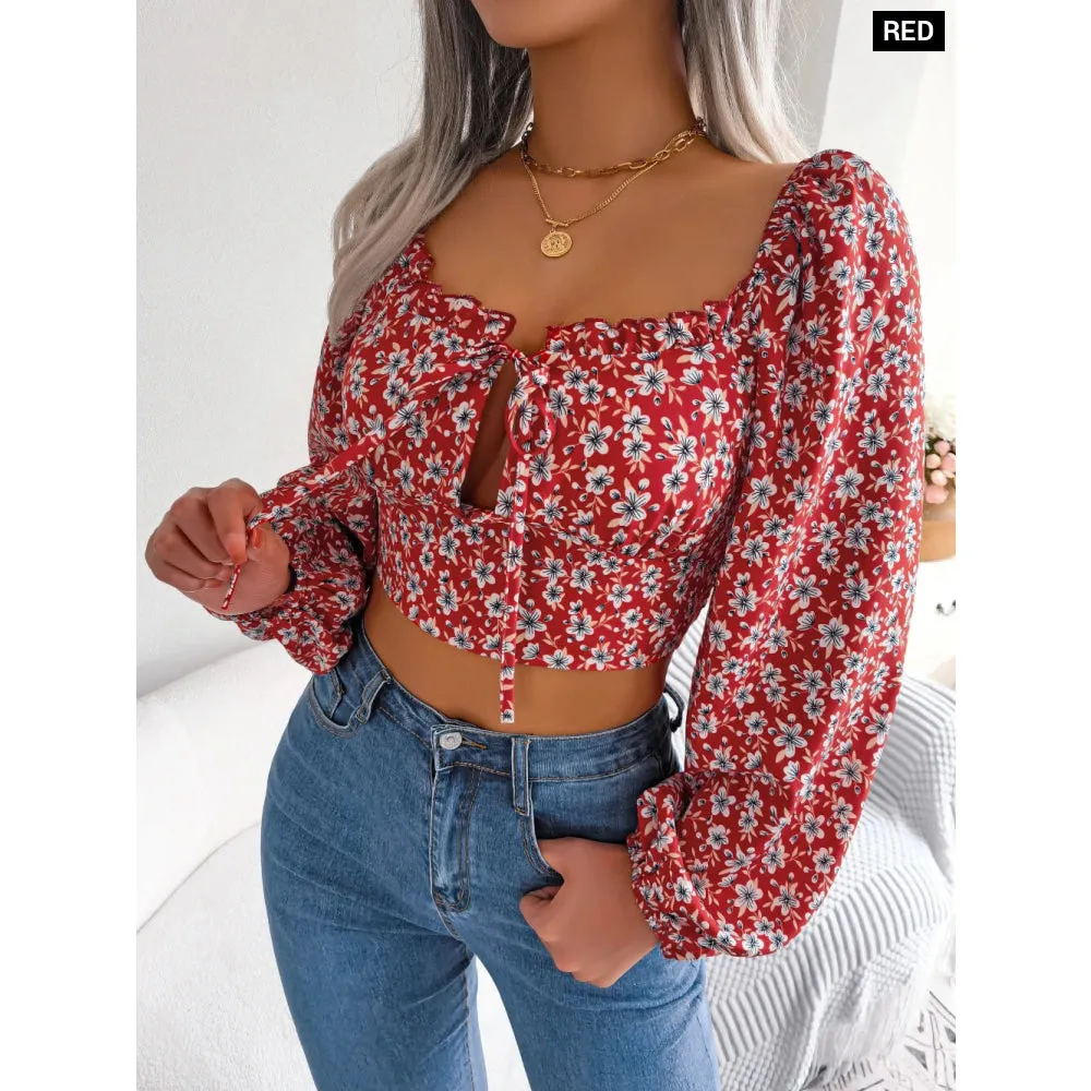 Floral Print Lace Up Crop Top for Women