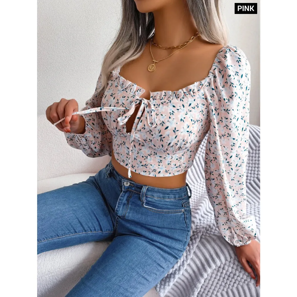 Floral Print Lace Up Crop Top for Women