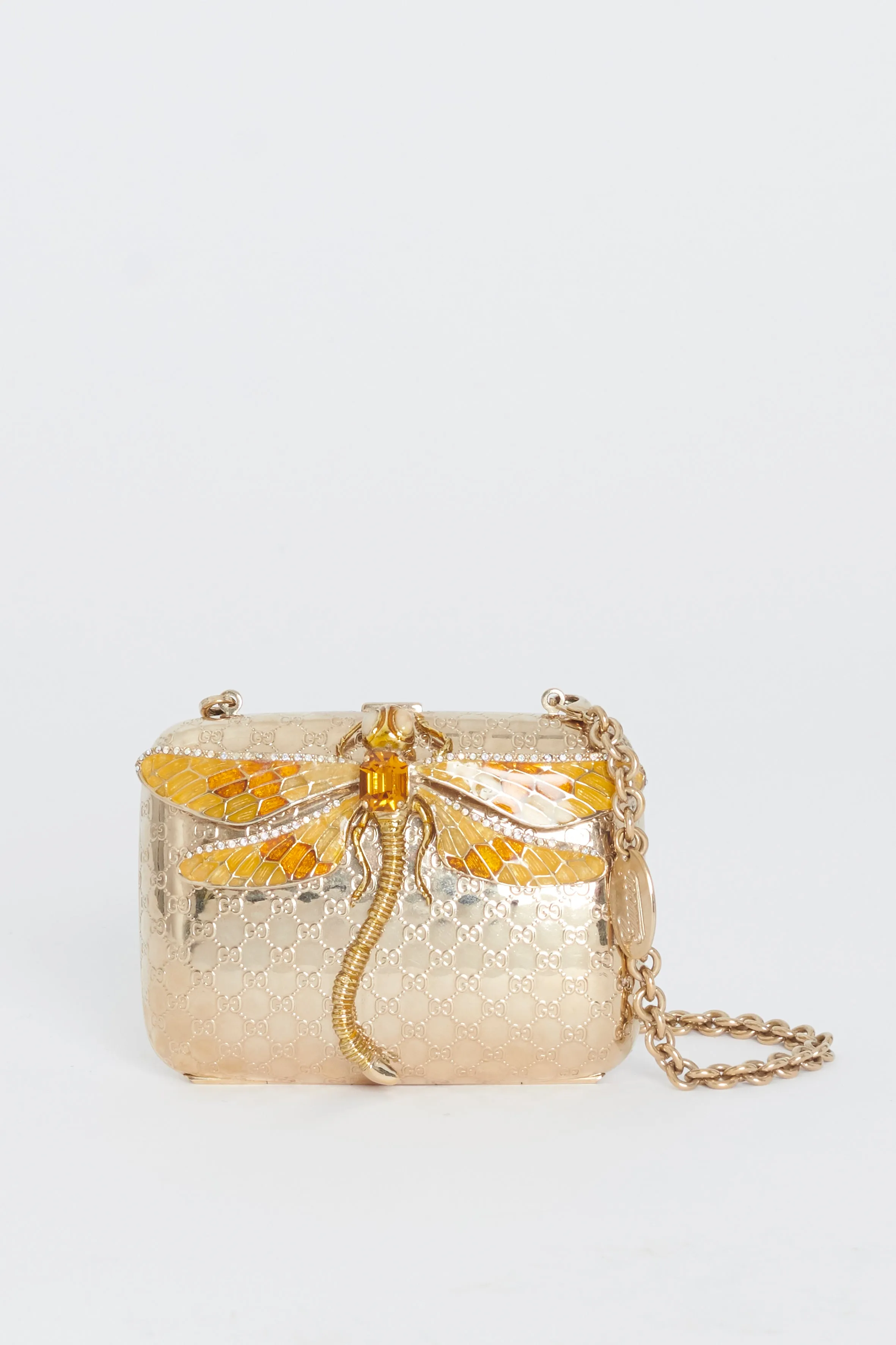 Gold Micro Guccissima Embossed Metal and Enamel Dragonfly Minaudiere Bag