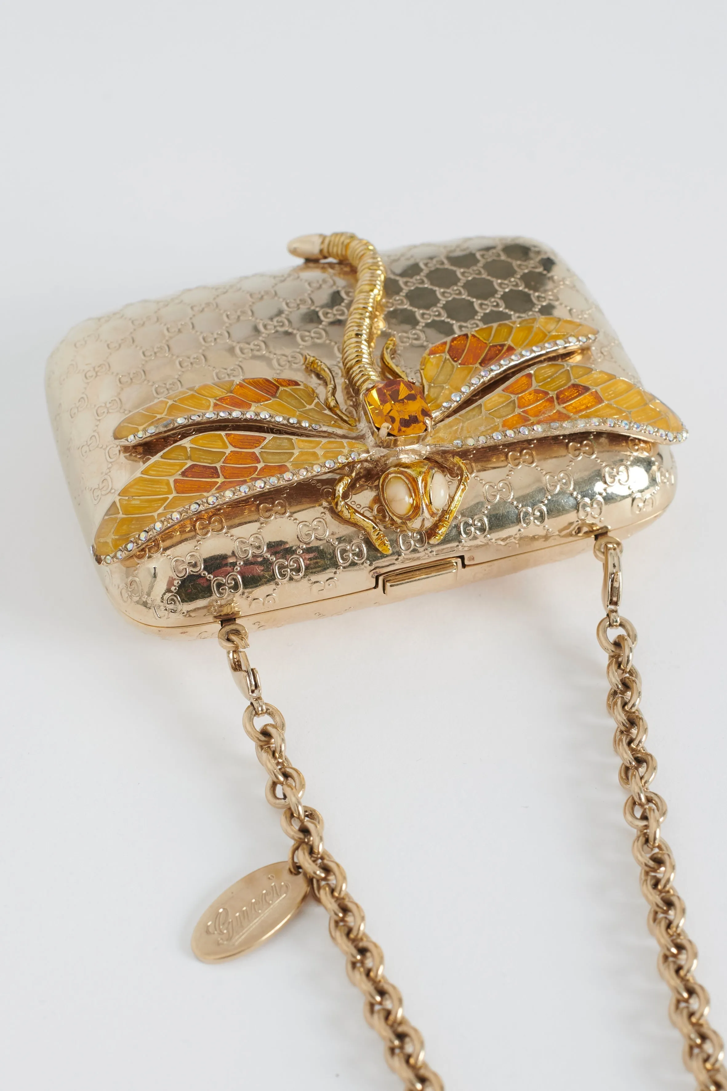 Gold Micro Guccissima Embossed Metal and Enamel Dragonfly Minaudiere Bag