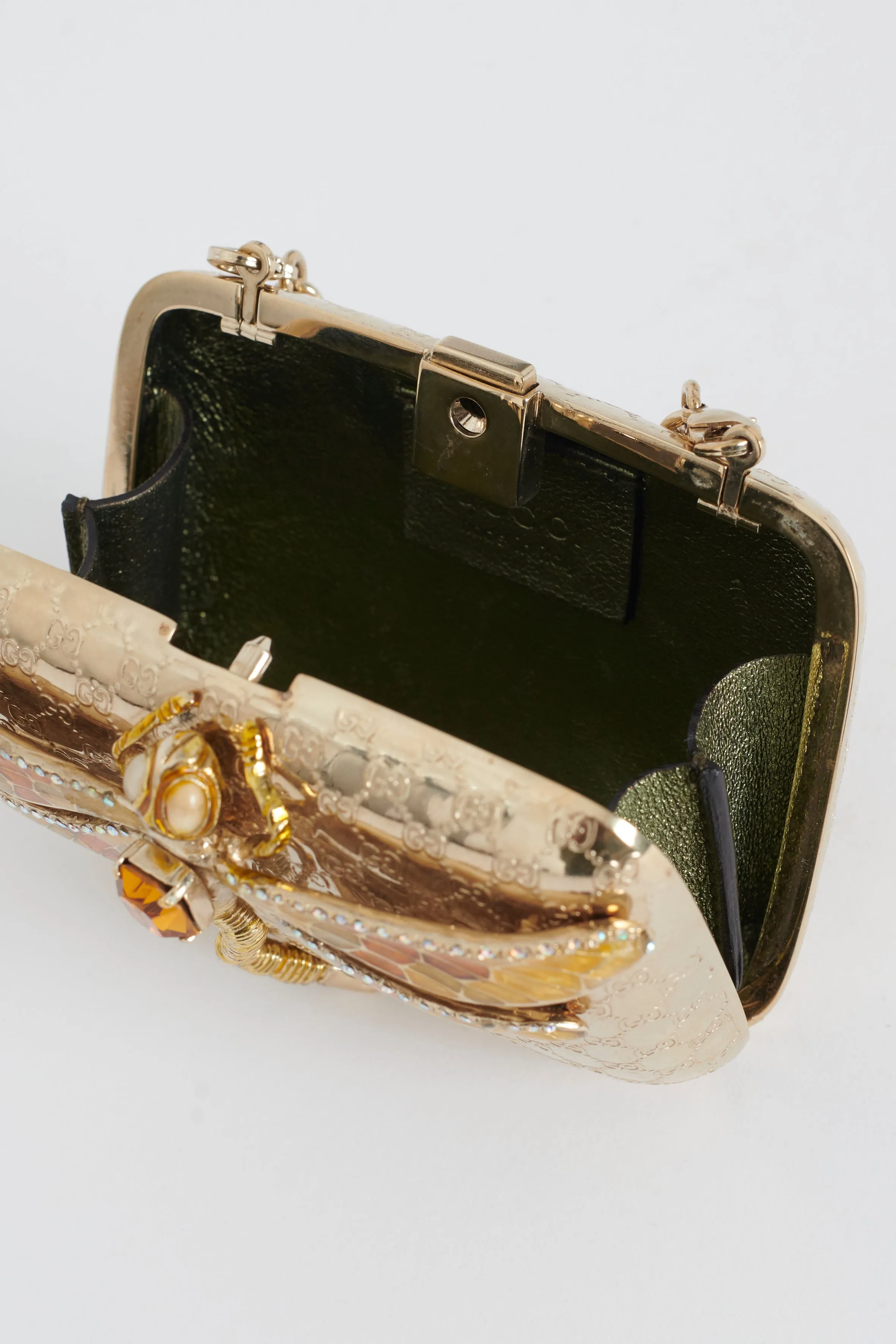 Gold Micro Guccissima Embossed Metal and Enamel Dragonfly Minaudiere Bag