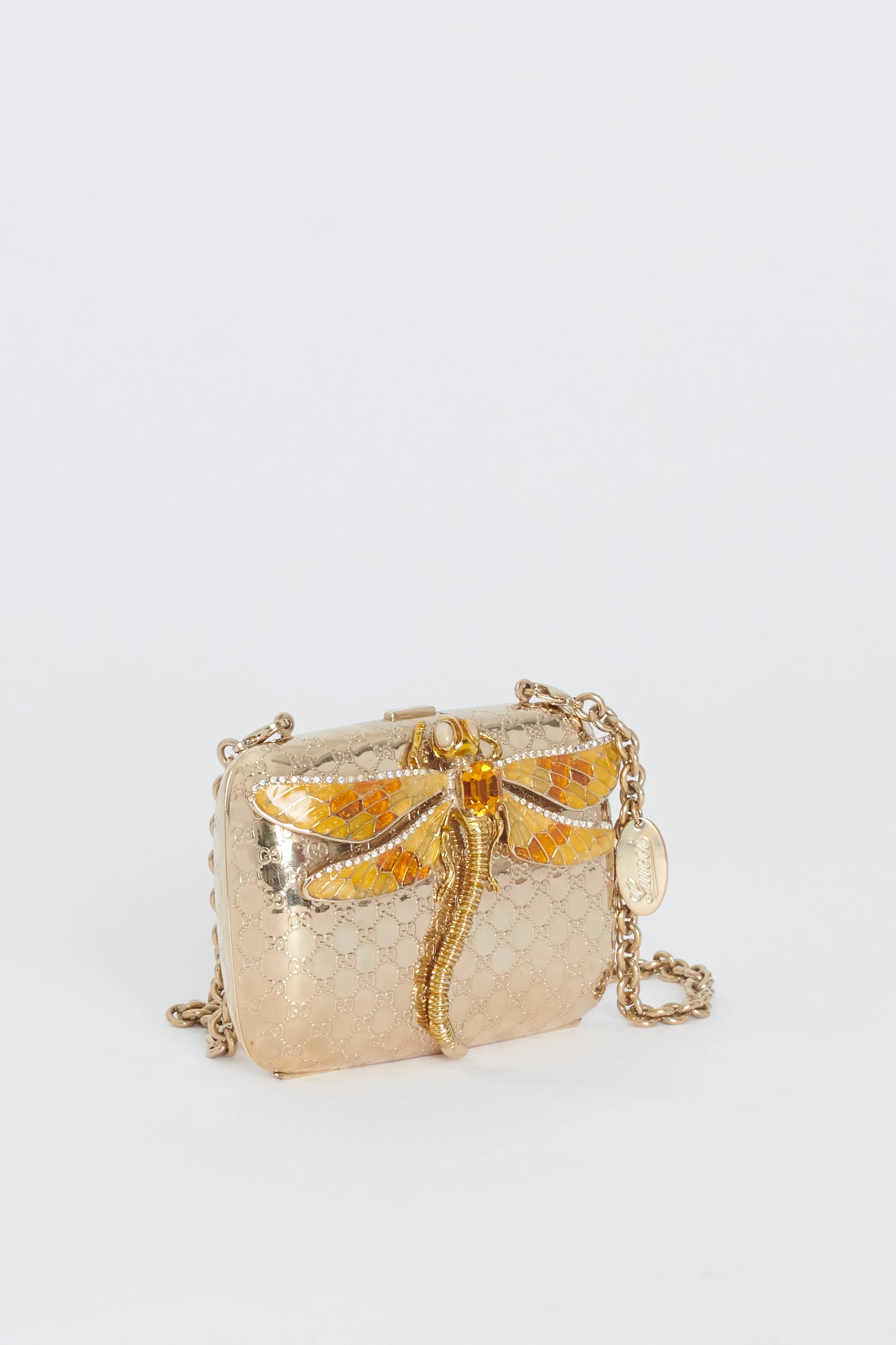 Gold Micro Guccissima Embossed Metal and Enamel Dragonfly Minaudiere Bag
