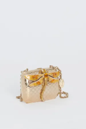 Gold Micro Guccissima Embossed Metal and Enamel Dragonfly Minaudiere Bag
