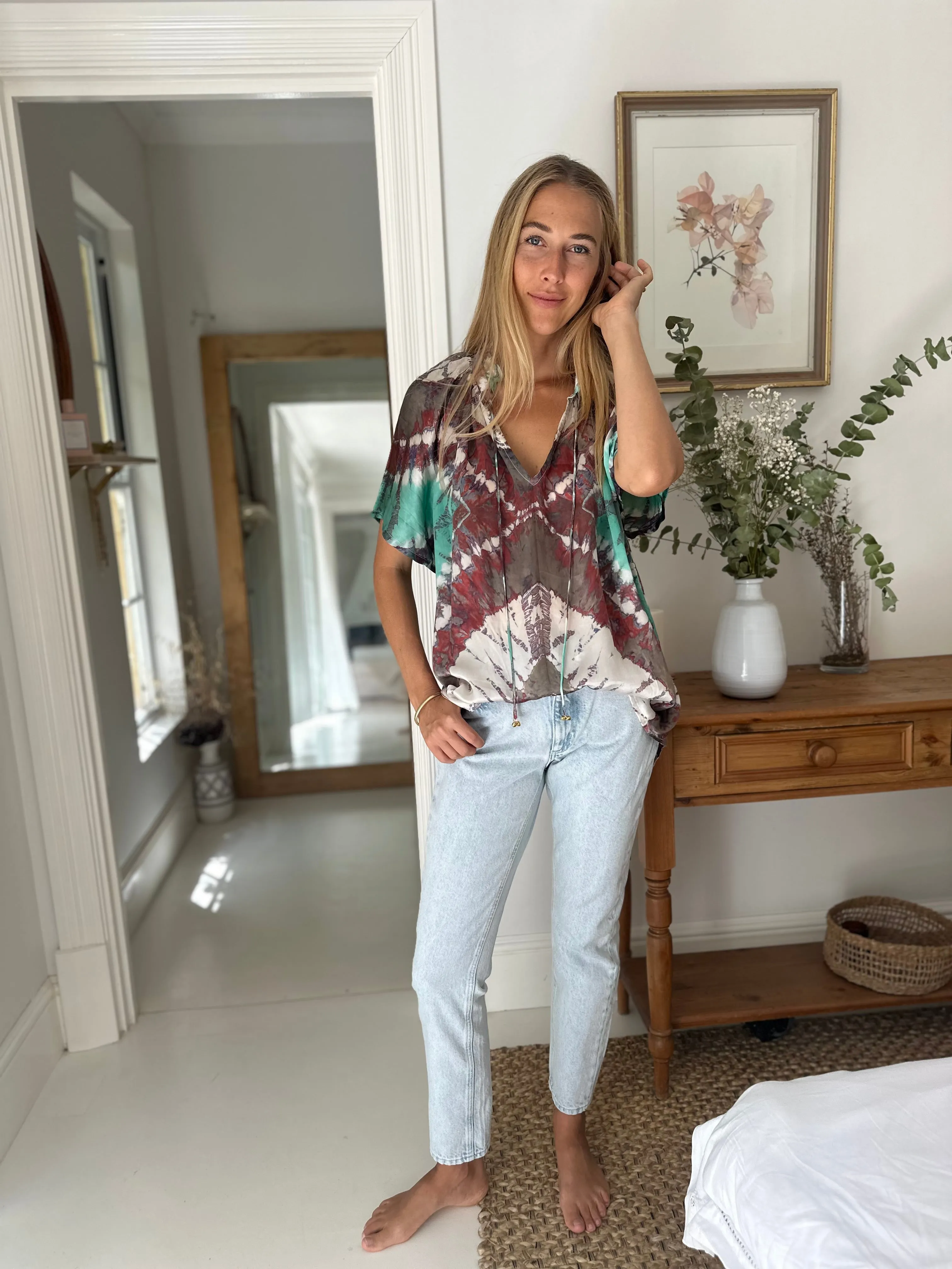 Havana Peasant Silk Blouse Green - Short Sleeve