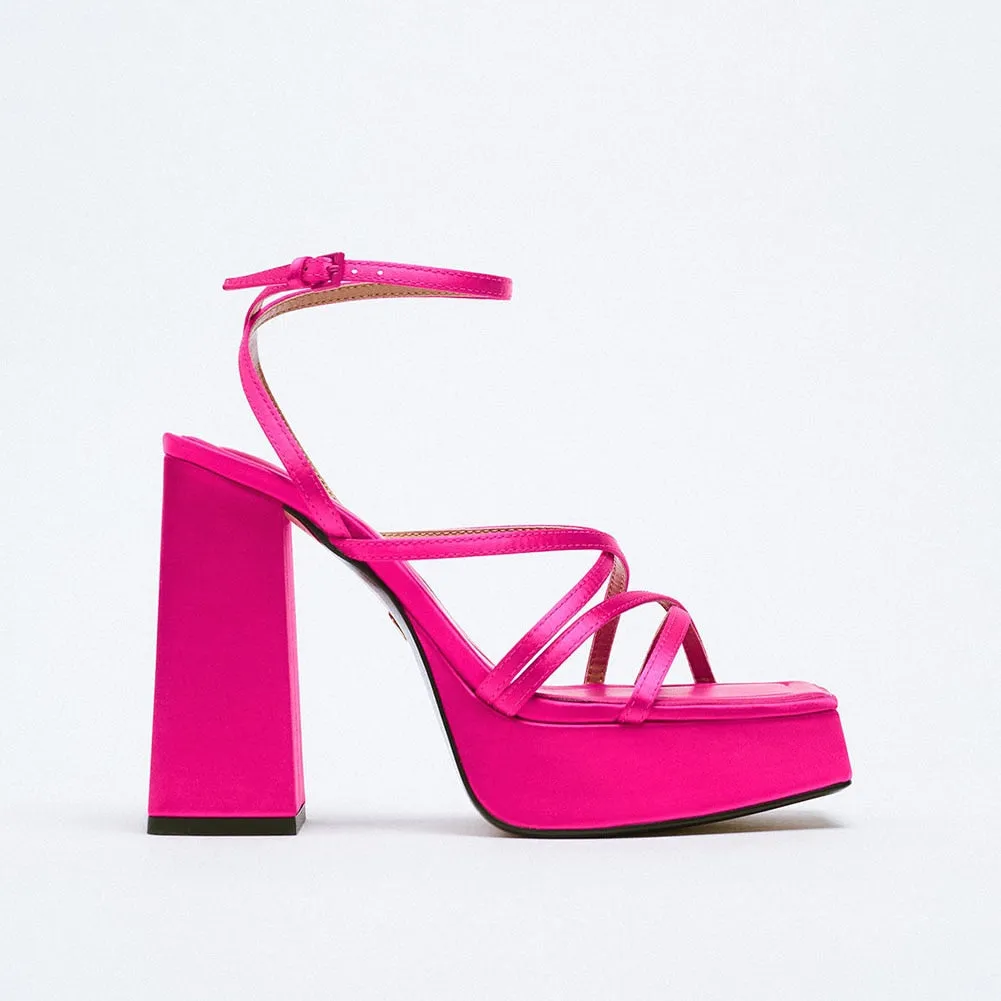 Joskaa Brand New Great Quality RosyRed Platform Chunky High Heels Women Shoes Elegant Party Lady Trendy Summer Ankle Strap Sandals