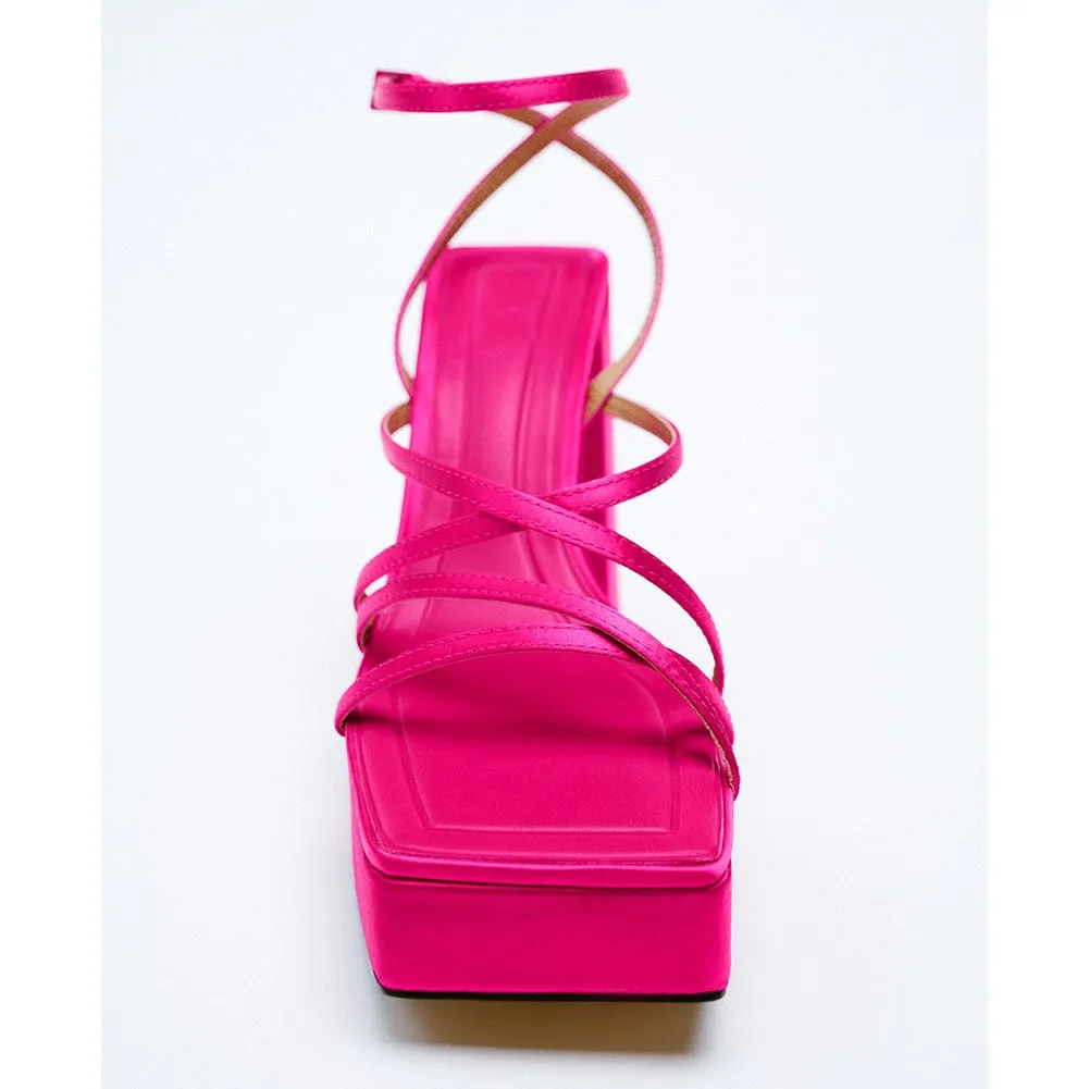 Joskaa Brand New Great Quality RosyRed Platform Chunky High Heels Women Shoes Elegant Party Lady Trendy Summer Ankle Strap Sandals