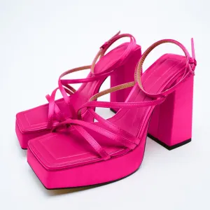 Joskaa Brand New Great Quality RosyRed Platform Chunky High Heels Women Shoes Elegant Party Lady Trendy Summer Ankle Strap Sandals