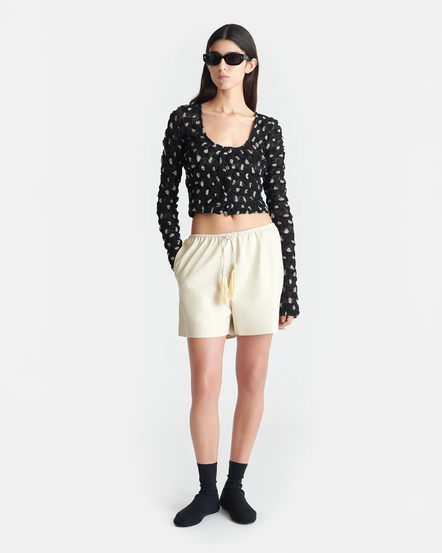 Jylan - Cropped Seersucker Tech Chiffon Top - Polka