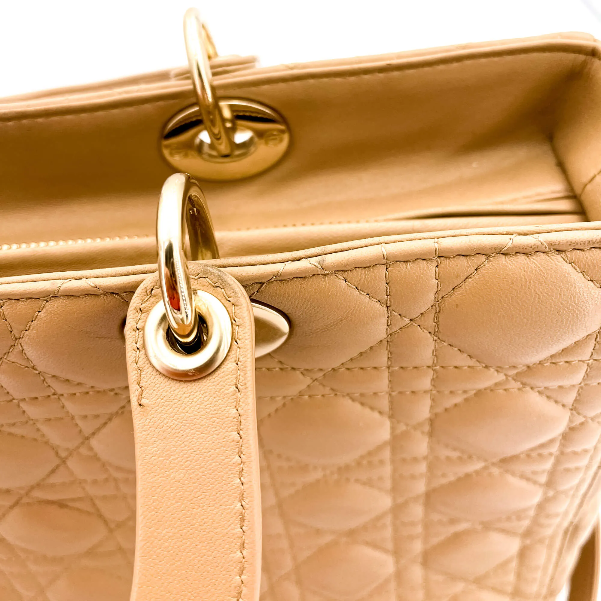 Lady Dior Large Cannage Leather Zip Beige Bag