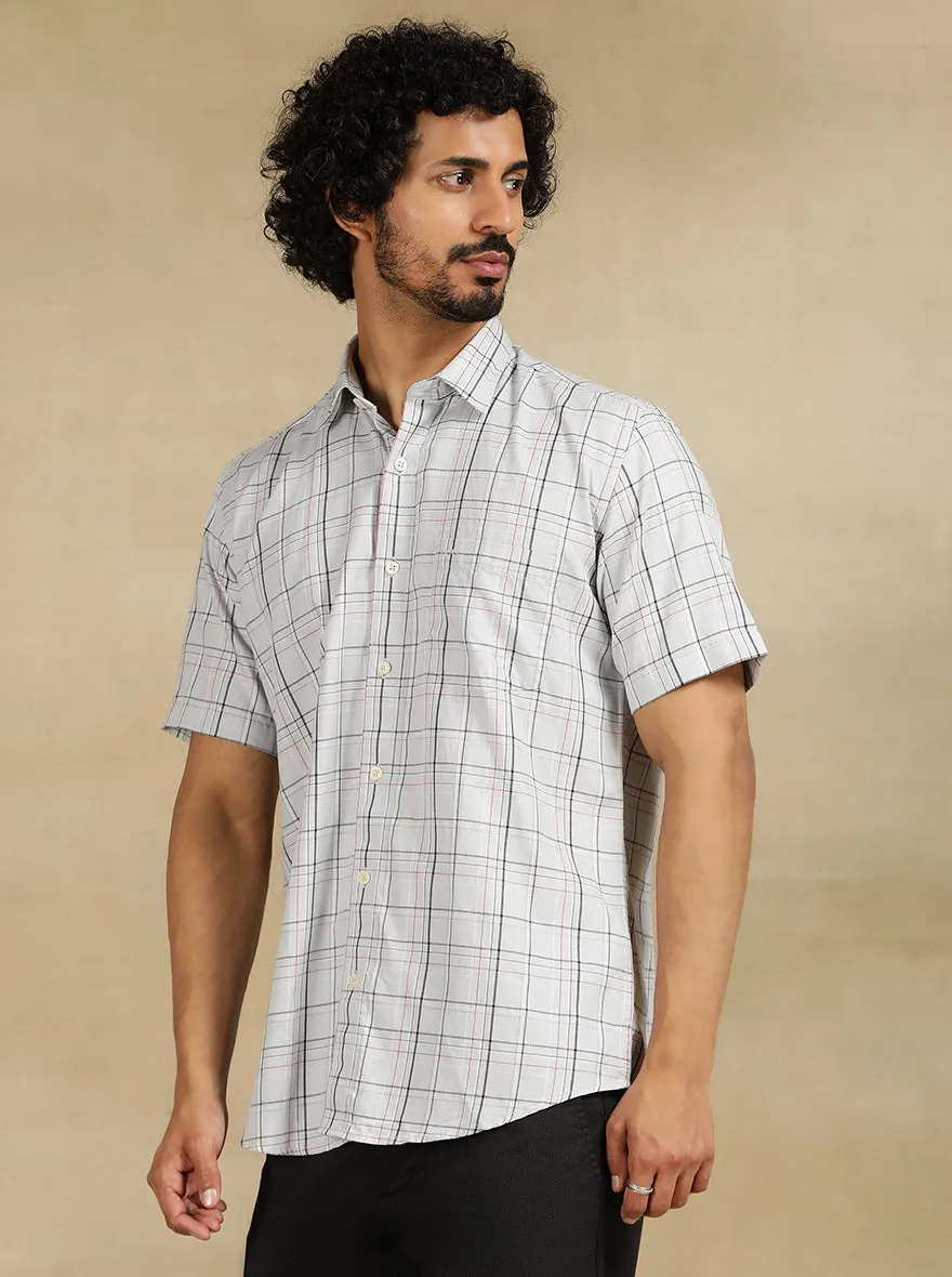 Light Grey Checked Tailored Fit Semi Casual Shirt | JadeBlue