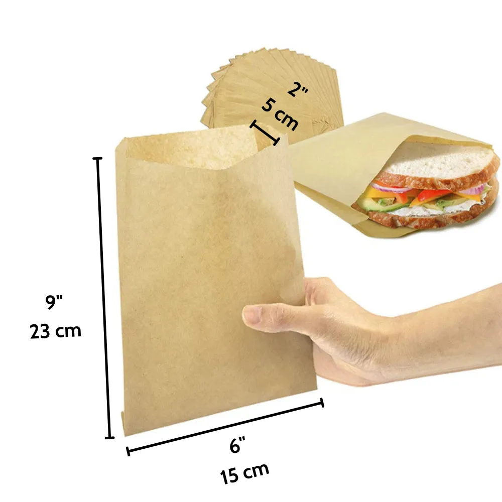 MCN320312 Kraft Gusseted Greaseproof Paper Sandwich Bags | 6x2x9”