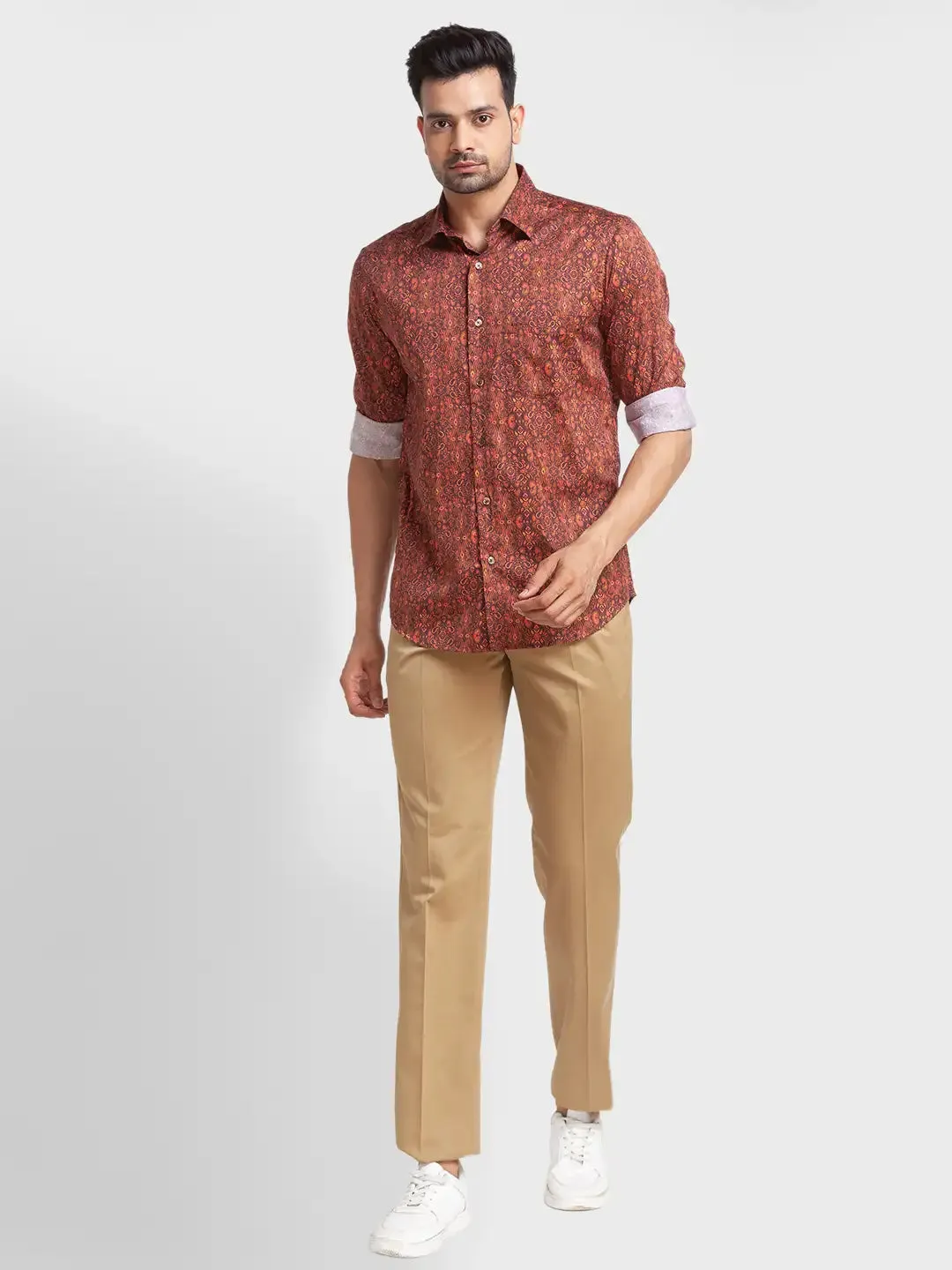 Men Brown Tailored Fit Print Cotton Full Sleeve Shirts