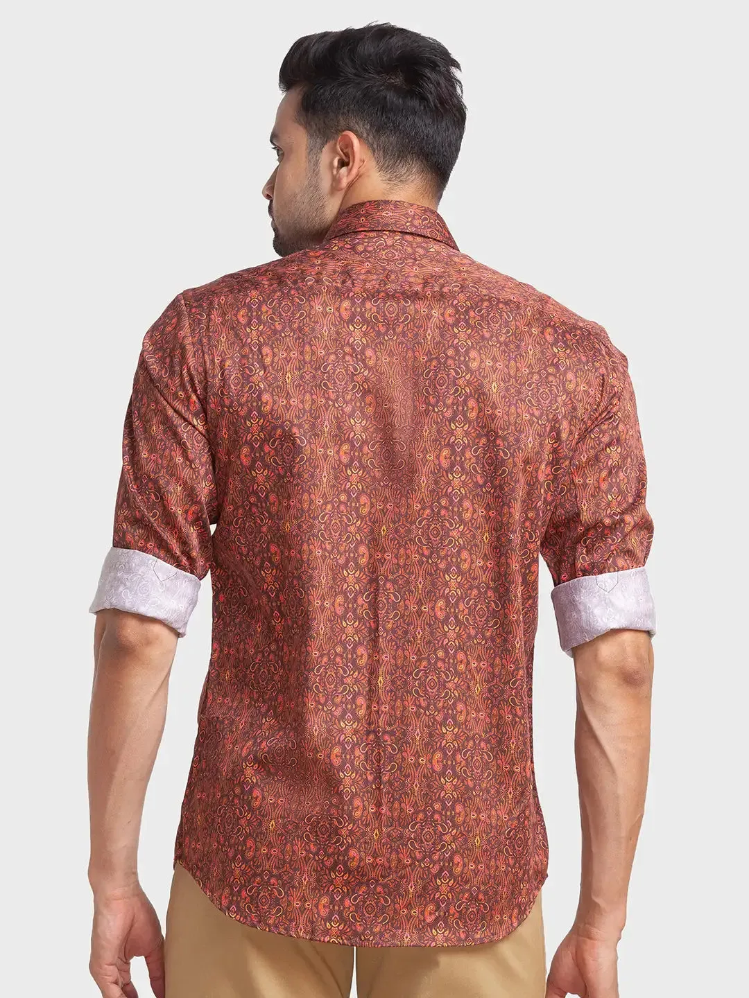 Men Brown Tailored Fit Print Cotton Full Sleeve Shirts