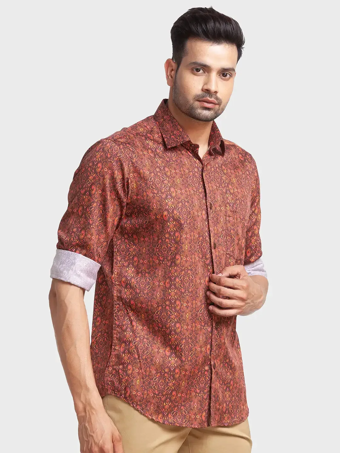 Men Brown Tailored Fit Print Cotton Full Sleeve Shirts