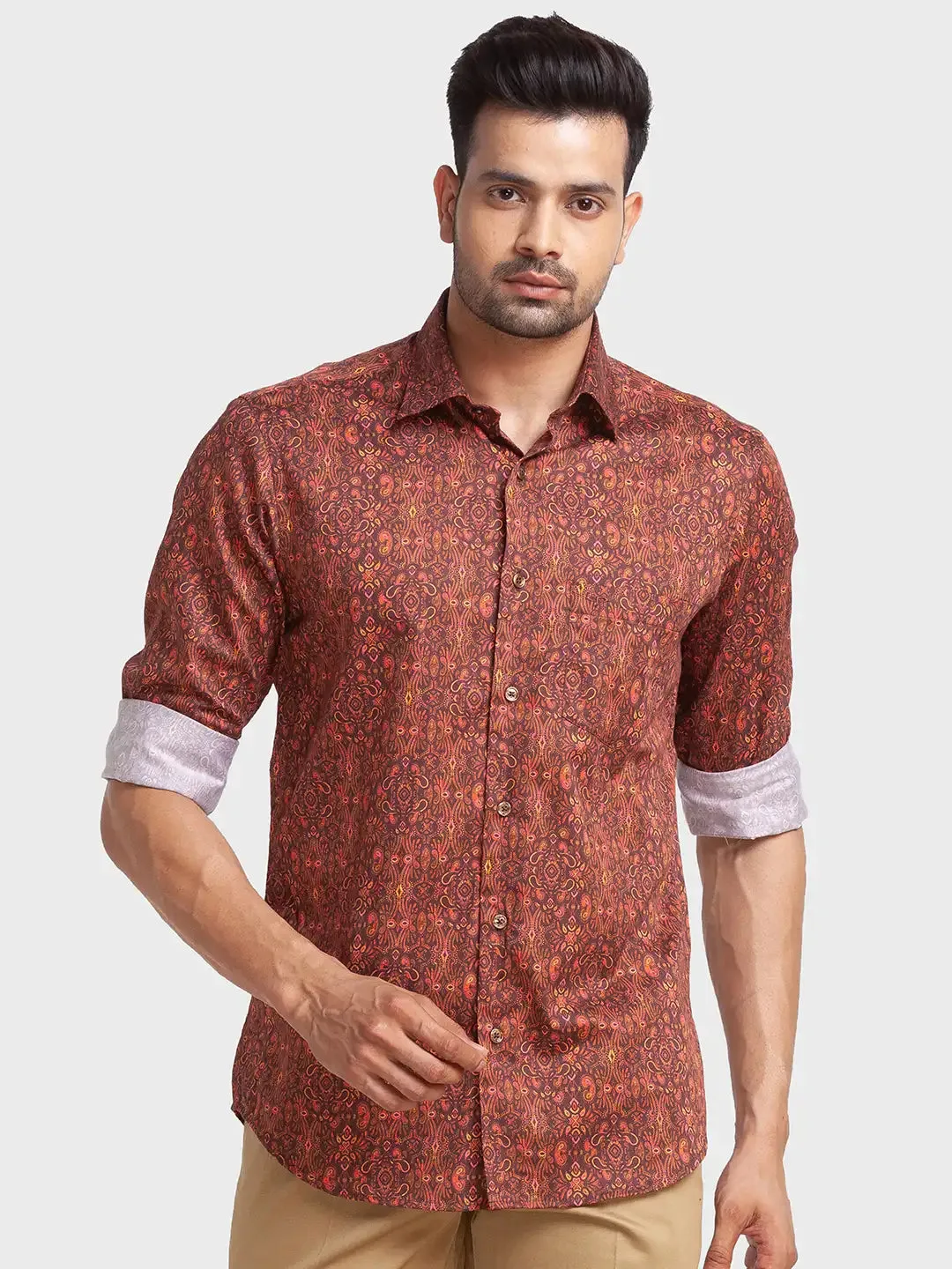 Men Brown Tailored Fit Print Cotton Full Sleeve Shirts
