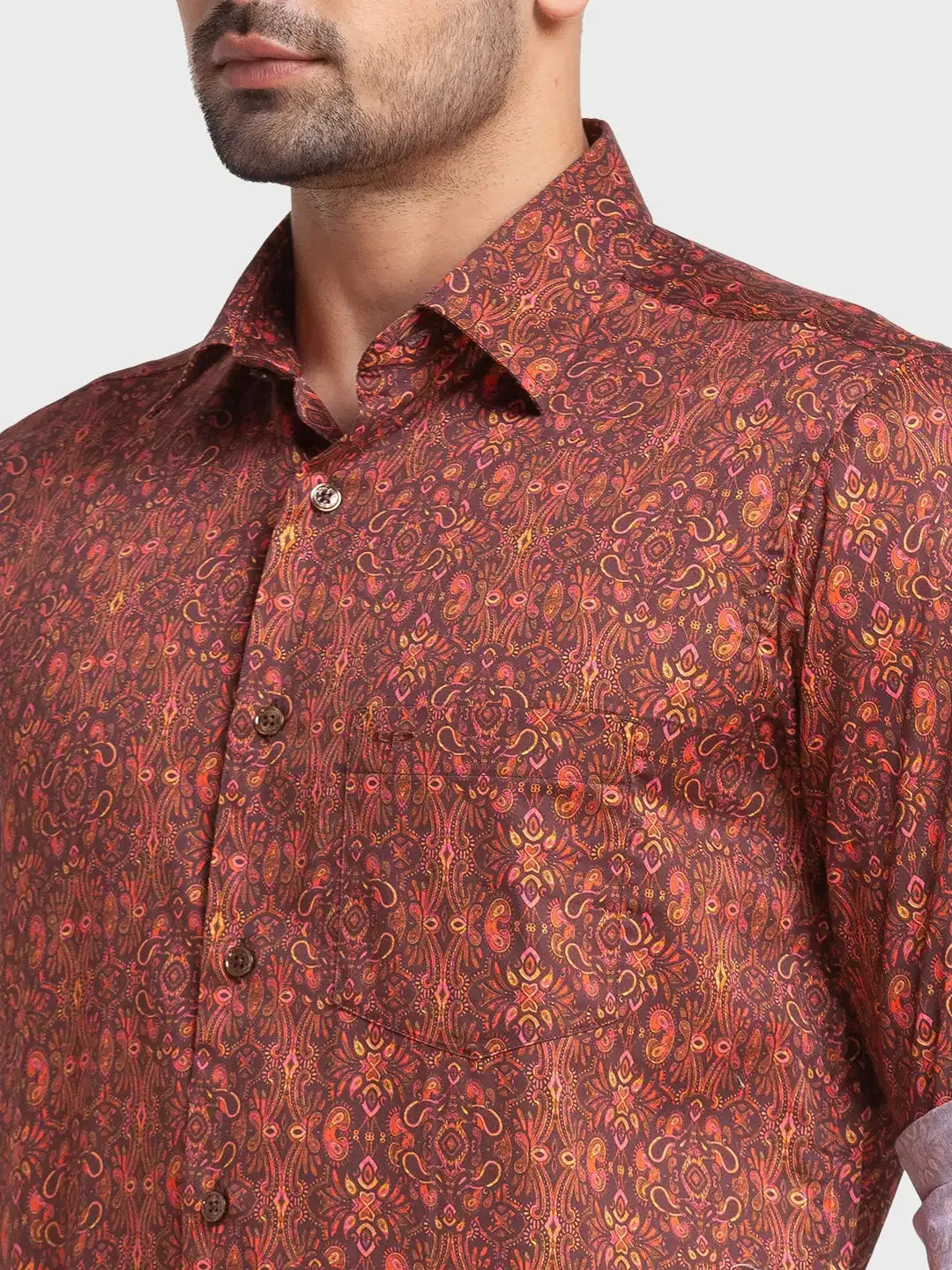 Men Brown Tailored Fit Print Cotton Full Sleeve Shirts