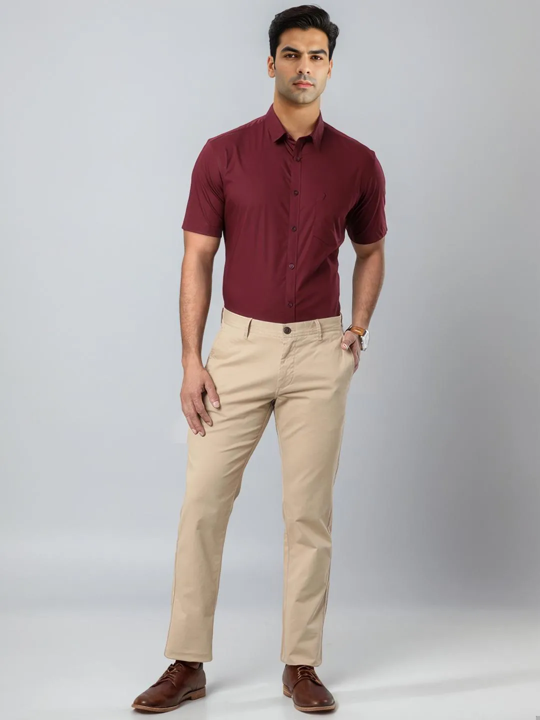 Men Solid Half Sleeve Cotton Stretch Shirt