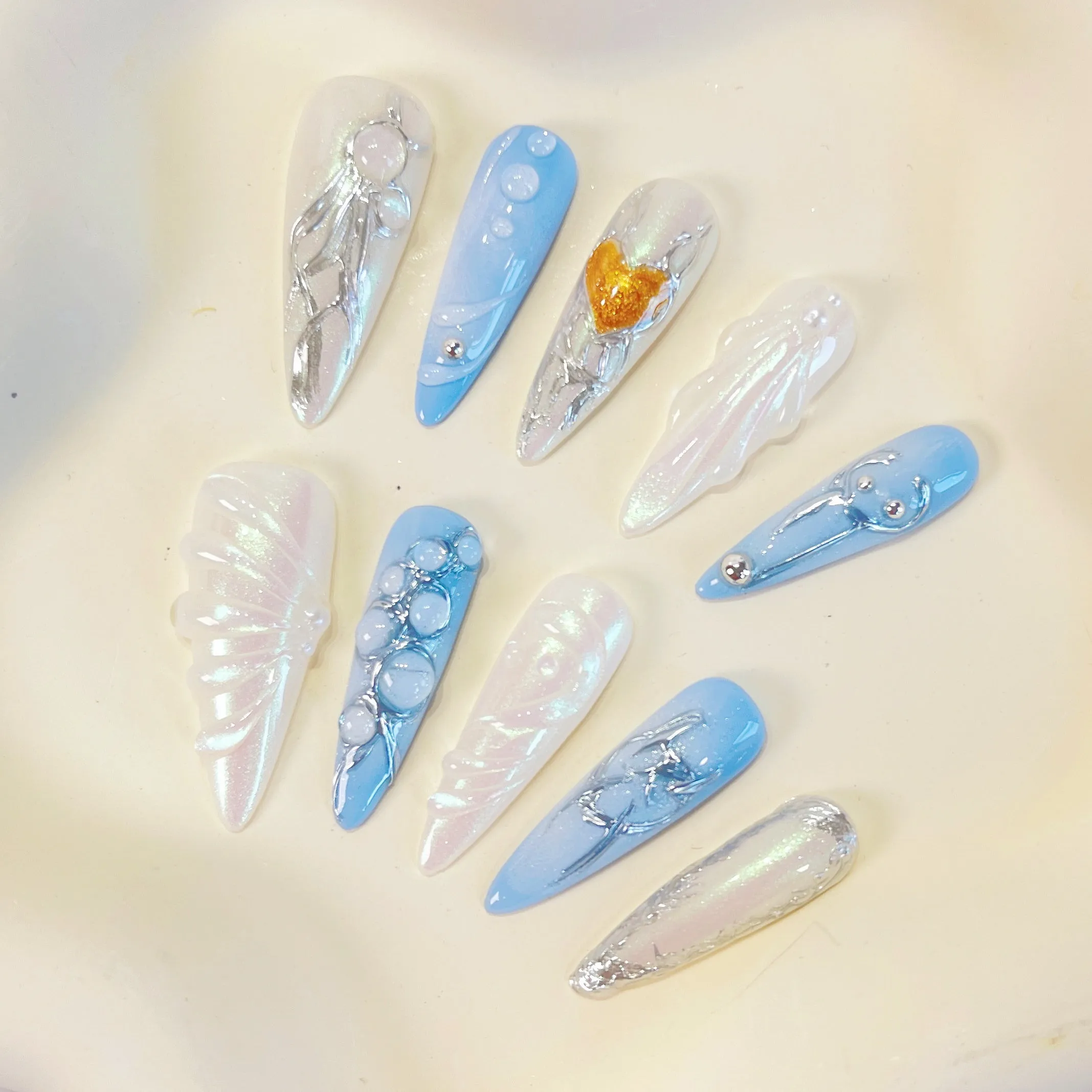 PO073 3D blue seashell ocean stiletto press on nails