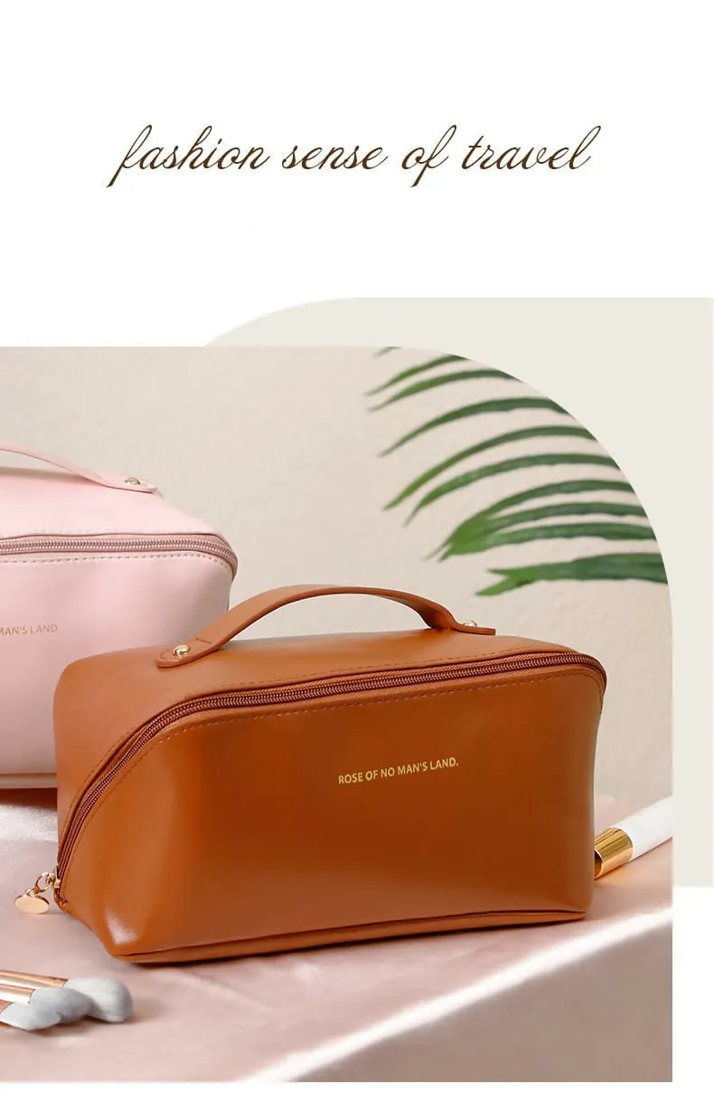 Portable PU Makeup Powder Waterproof Multifunctional Bag-Brown