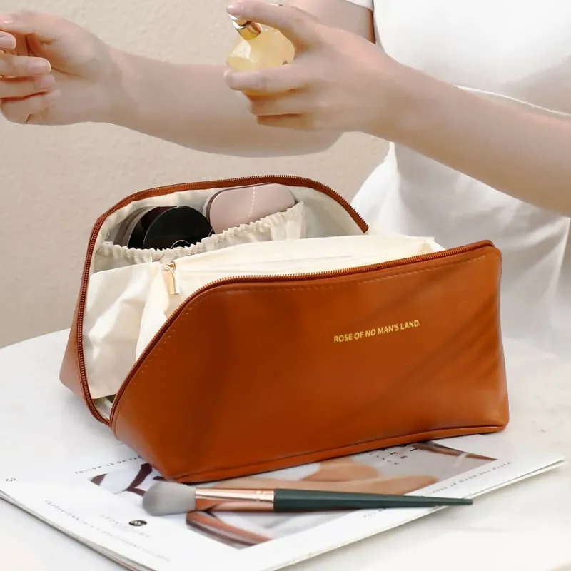 Portable PU Makeup Powder Waterproof Multifunctional Bag-Brown