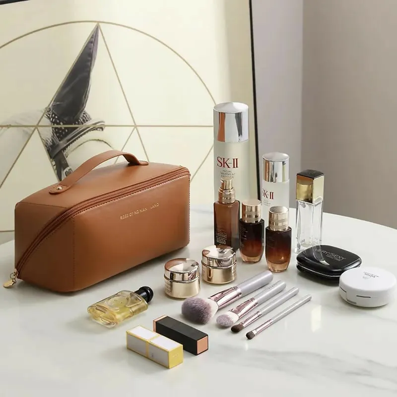 Portable PU Makeup Powder Waterproof Multifunctional Bag-Brown