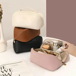 Portable PU Makeup Powder Waterproof Multifunctional Bag-Brown