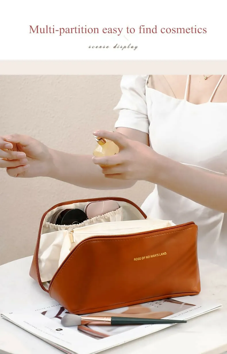 Portable PU Makeup Powder Waterproof Multifunctional Bag-Brown