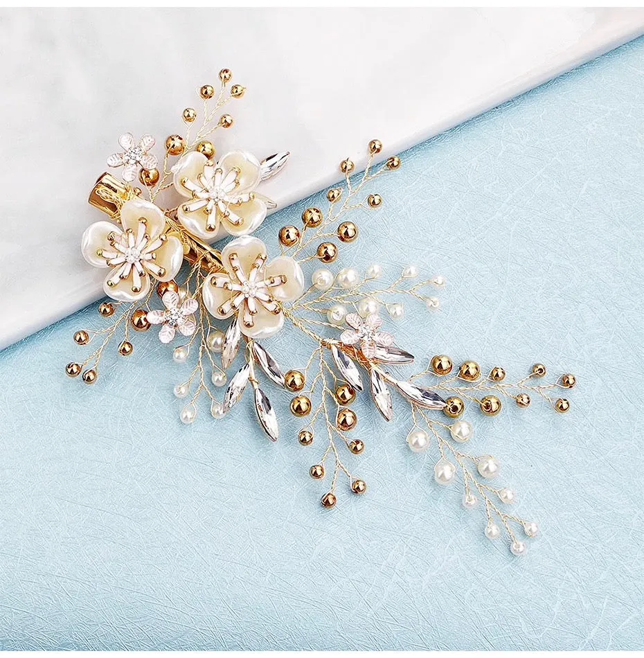 "Katia" - Gold Pearl and Crystal Bridal Hair Clip/Vine