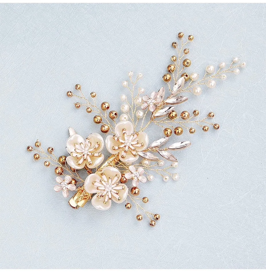 "Katia" - Gold Pearl and Crystal Bridal Hair Clip/Vine