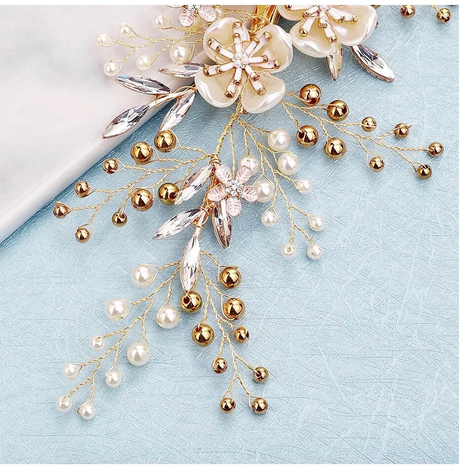 "Katia" - Gold Pearl and Crystal Bridal Hair Clip/Vine