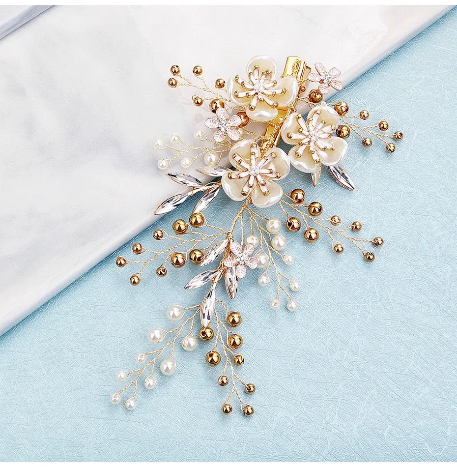 "Katia" - Gold Pearl and Crystal Bridal Hair Clip/Vine