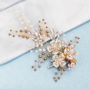 "Katia" - Gold Pearl and Crystal Bridal Hair Clip/Vine