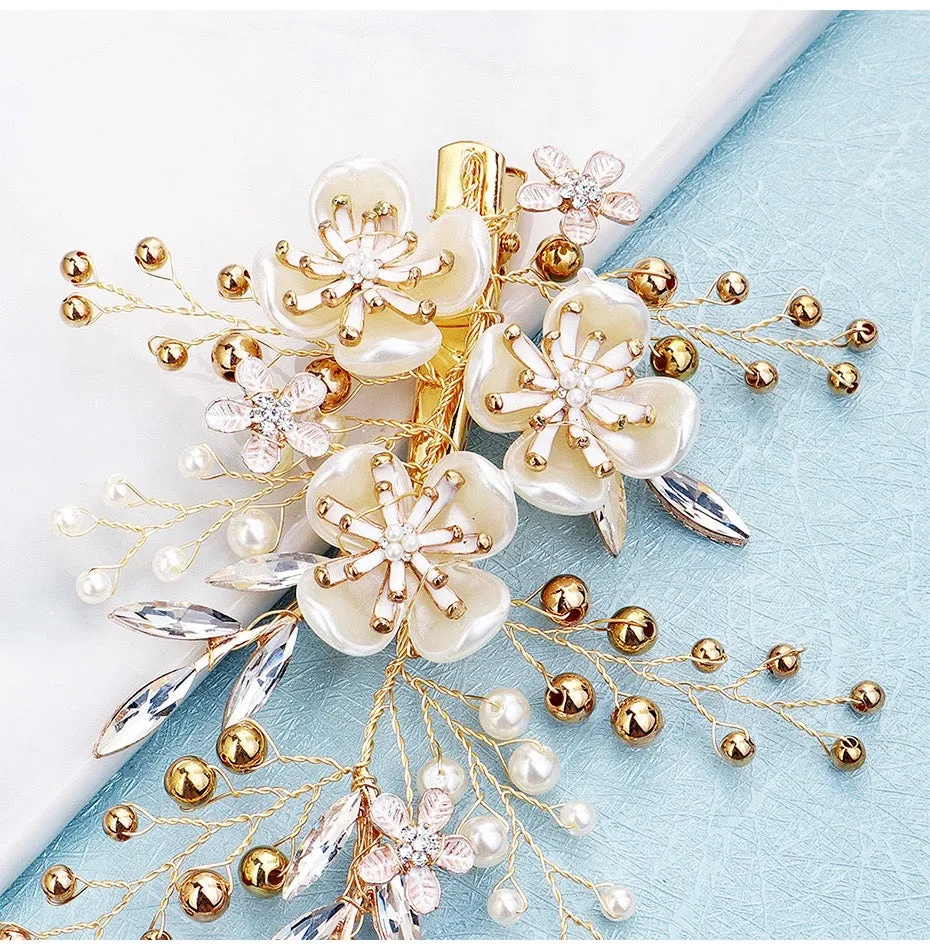 "Katia" - Gold Pearl and Crystal Bridal Hair Clip/Vine