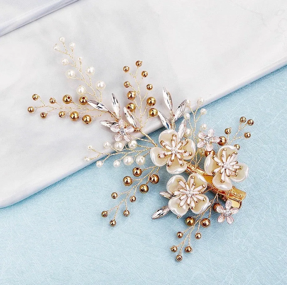 "Katia" - Gold Pearl and Crystal Bridal Hair Clip/Vine