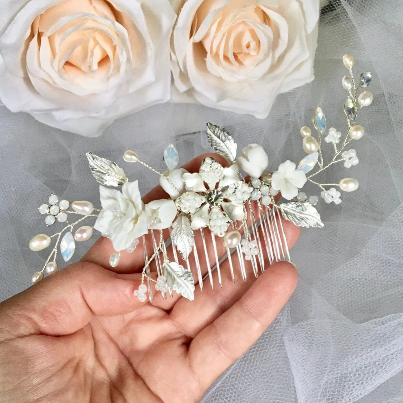 "Penelope" -  Pearl and Opal Bridal Hair Comb