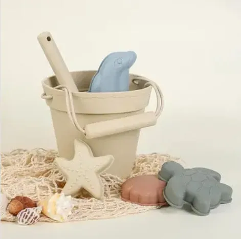 Silicone Beach Bucket Toy & Play Set, 6PC - Natural Sand