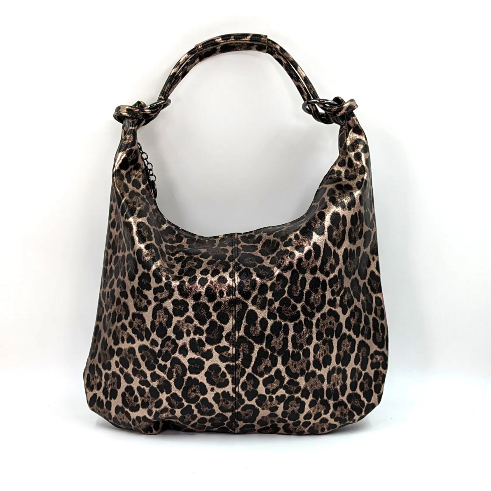 Stylish metallic leather relaxed leopard print handbag with zip closing