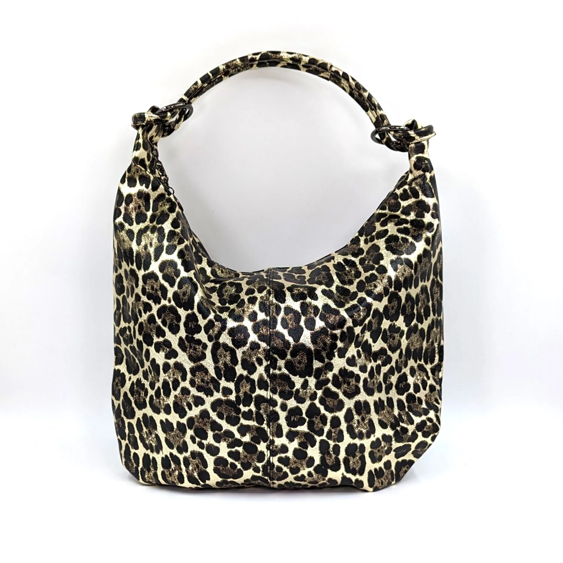 Stylish metallic leather relaxed leopard print handbag with zip closing