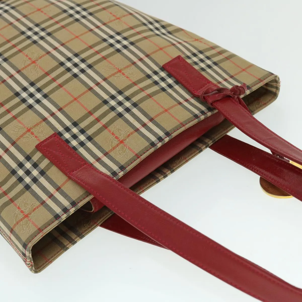 Trendy Inspired Burberry Nova Check Tote Bag Canvas Leather Red Beige Black Auth Bs8128