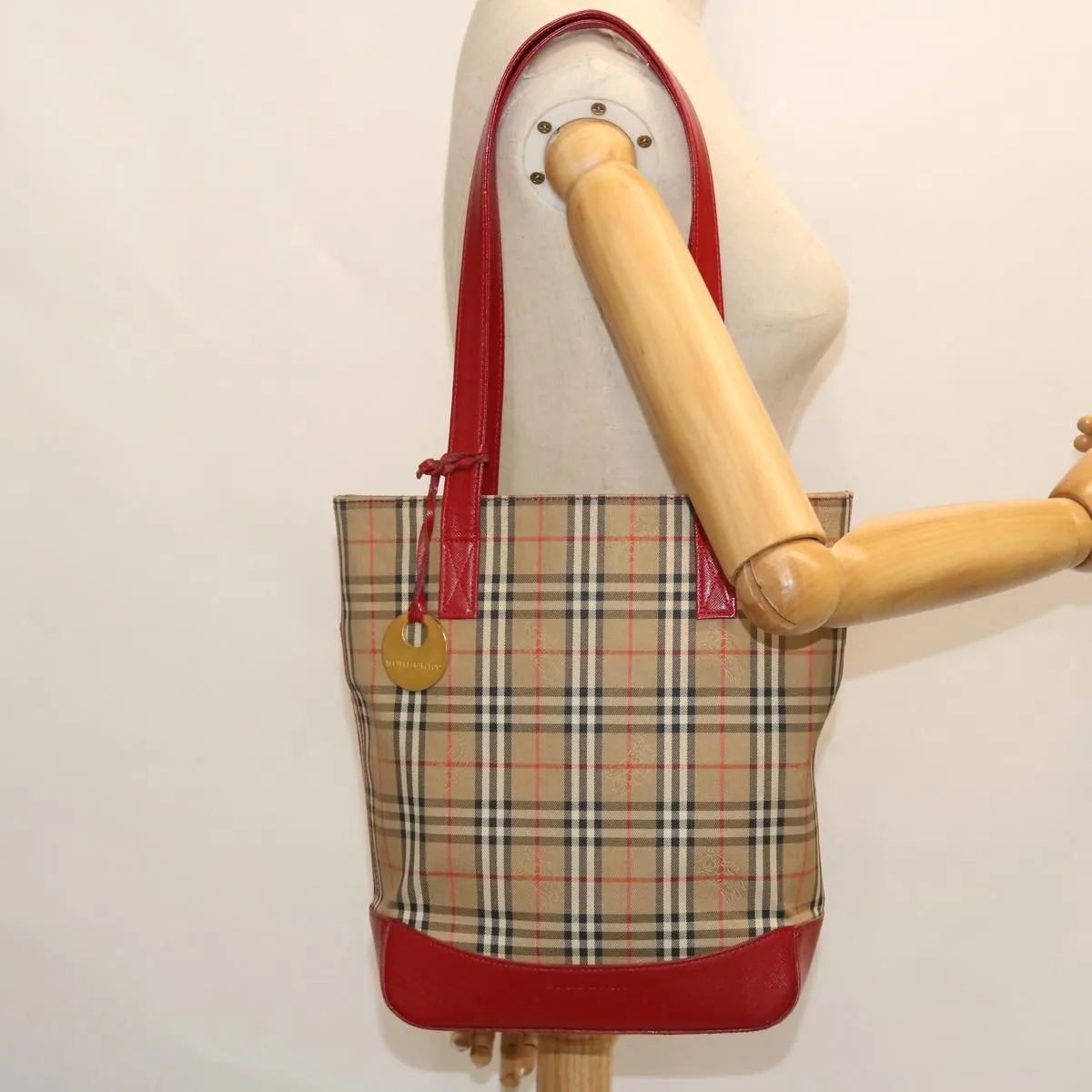 Trendy Inspired Burberry Nova Check Tote Bag Canvas Leather Red Beige Black Auth Bs8128