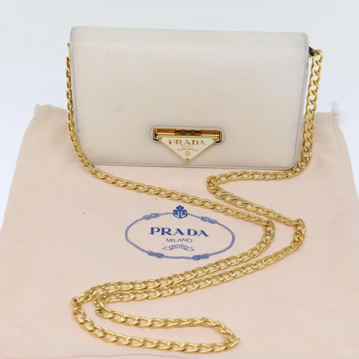 Trendy Inspired Prada Chain Shoulder Bag Safiano Leather White Auth 71652a