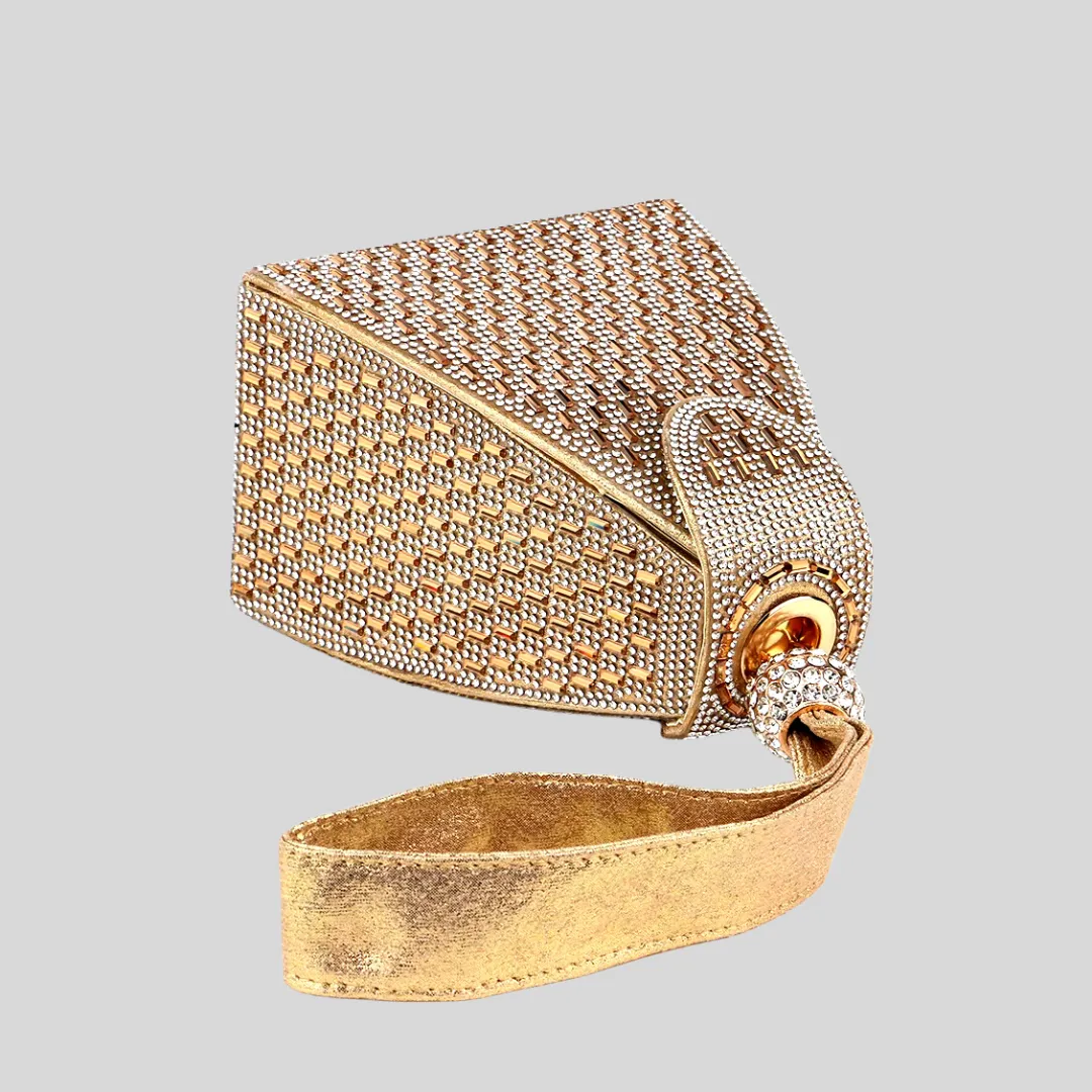 Triangular Metallic Bag with Golden Stones - Gold - Black - Silver