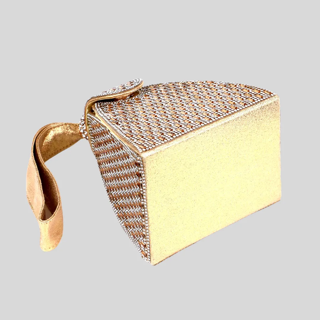 Triangular Metallic Bag with Golden Stones - Gold - Black - Silver