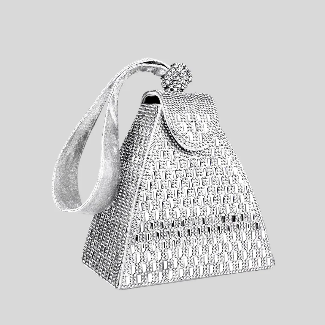 Triangular Metallic Bag with Golden Stones - Gold - Black - Silver